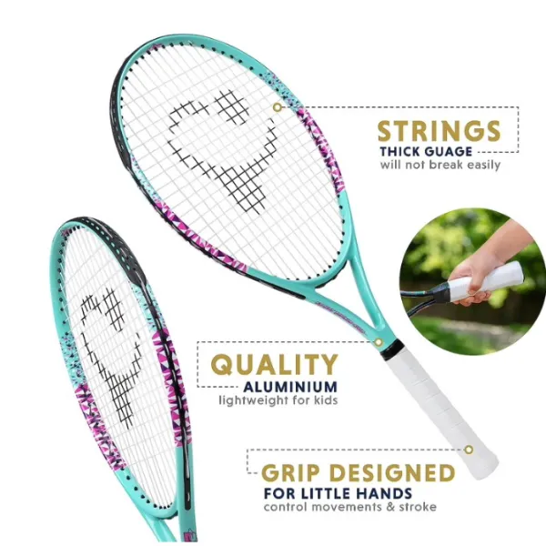 Raqueta de tenis para niños con videos de entrenamiento: raqueta de tenis juvenil de aluminio de 23 pulgadas, mango de neopreno